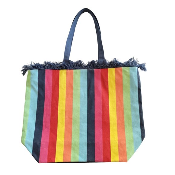 SHIRALEAH Rainbow Striped Print Canvas TOTE SHOULDER Shopper bag - Picture 1 of 6